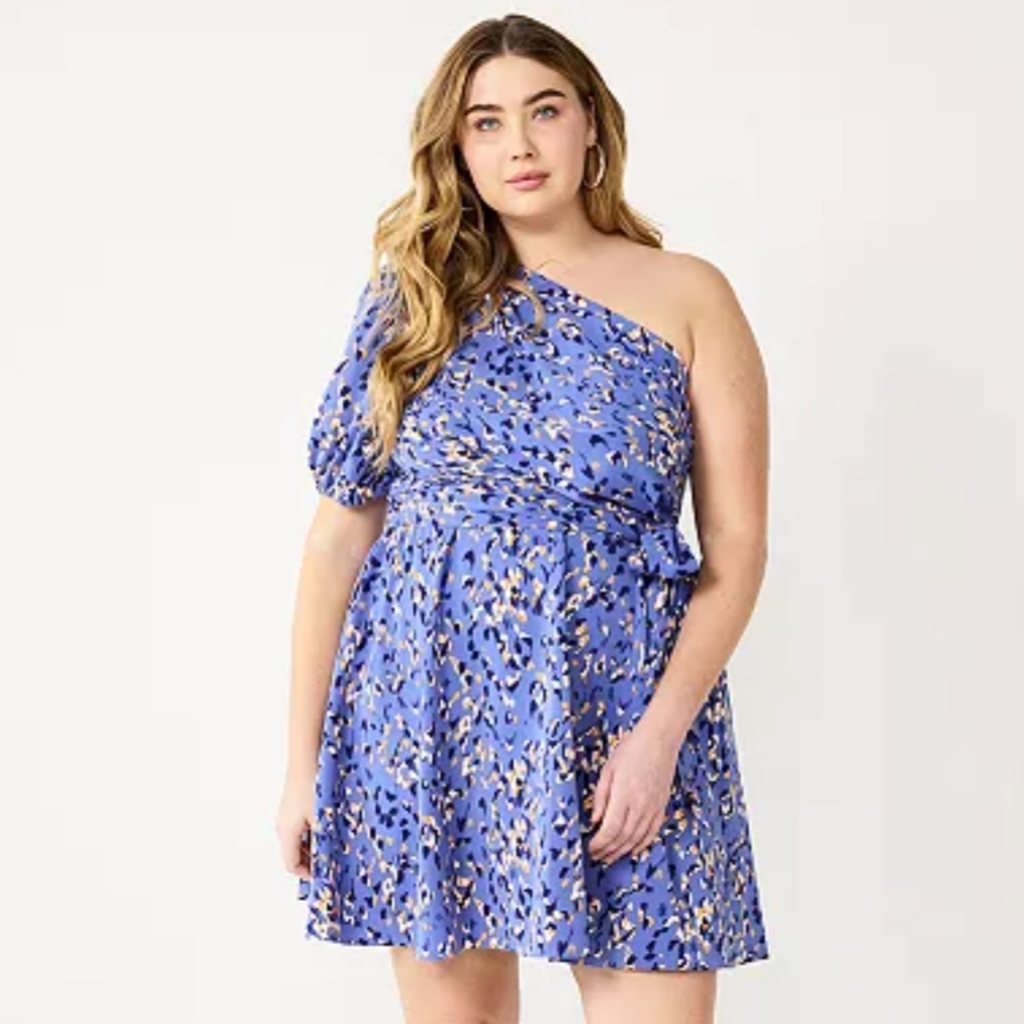 Nine West Size X-Large Blue Print One-Shoulder Puff Sleeve A-Line Mini Dress Nwt
